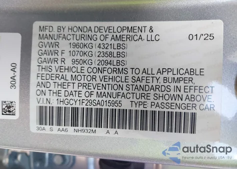 2025 Honda Accord Lx from USA, damaged, VIN 1HGCY1F29SA015955
